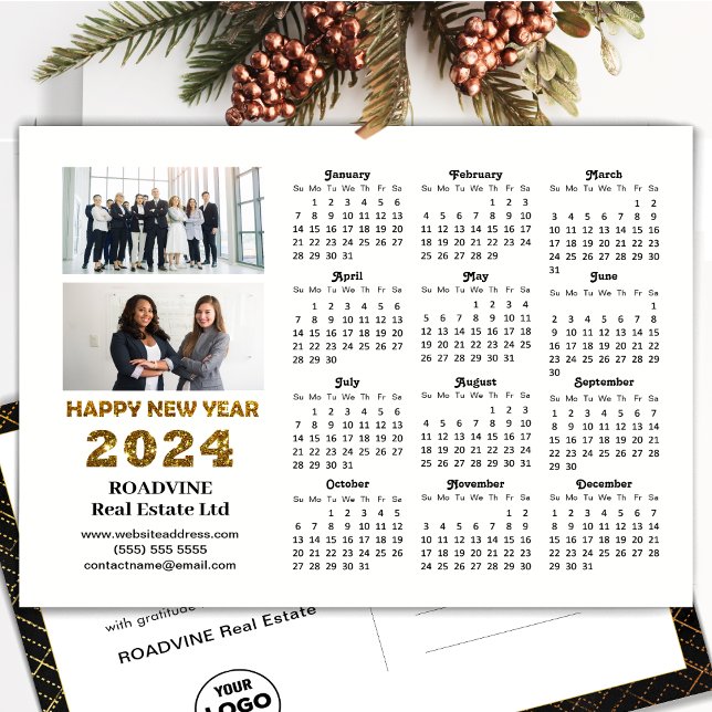 2024 Business 2 Photo Modern Gold Script Calendar Holiday Postcard (Creator Uploaded)