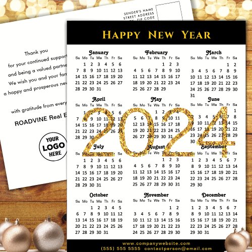 2024 Business Calendar Modern Black Gold Glitter Holiday Postcard