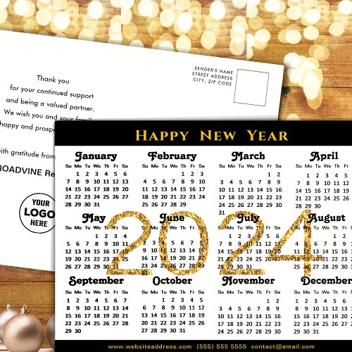 2024 Business Calendar Modern Black Gold Glitter   Holiday Postcard