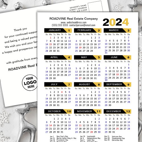 2024 Business Calendar with US Holidays Gold Black Holiday Postcard