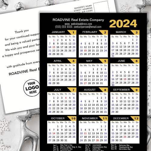 2024 Business Calendar with US Holidays Gold Black Holiday Postcard