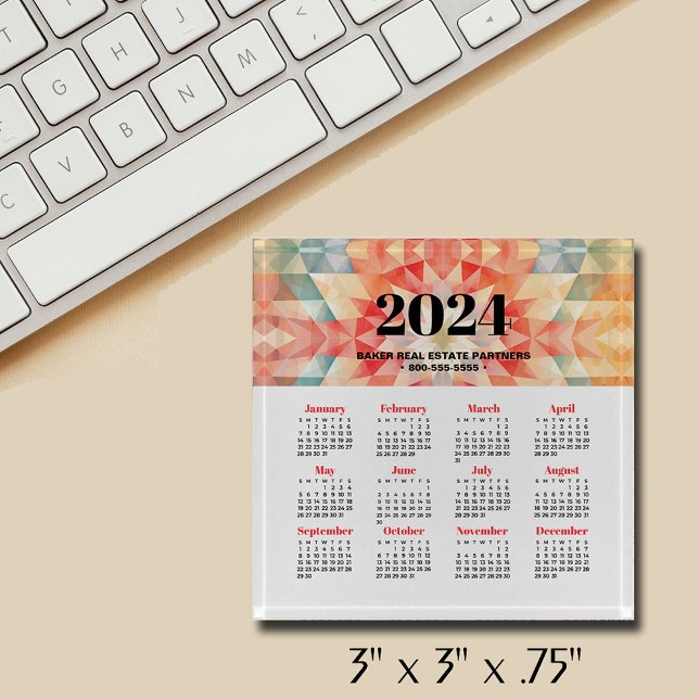 2024 Business Promotion Calendar Paperweight (3" x 3" x .75" polished glass block comes with a gift box. CHANGE to any year.)