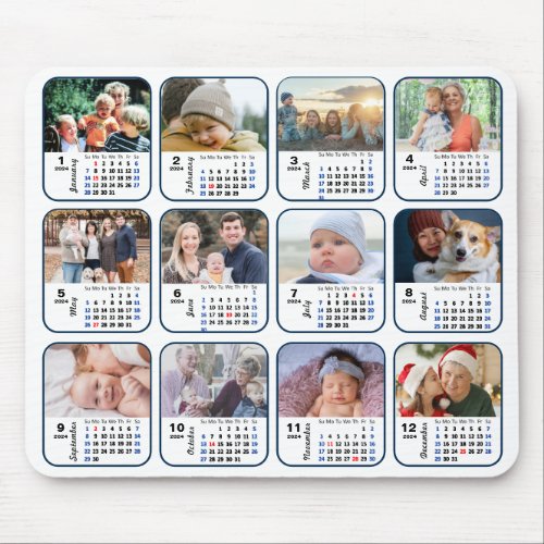 2024 Calendar 12 Family Photo Collage US Holidays  Mouse Pad