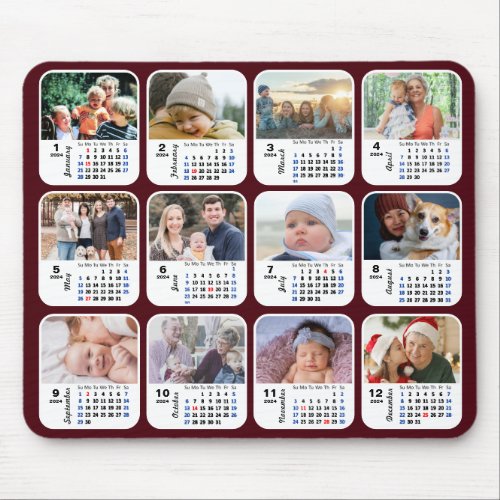 2024 Calendar 12 Family Photo Collage US Holidays Mouse Pad