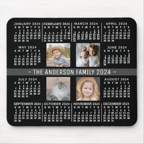 2024 Calendar 4 Custom Photo Name Black White Gray Mouse Pad