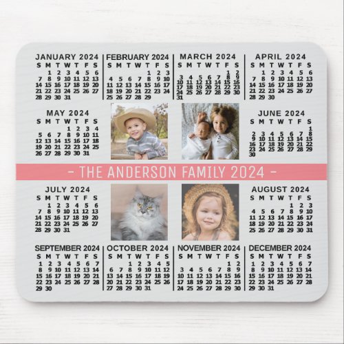 2024 Calendar 4 Custom Photo Name Gray Coral Black Mouse Pad