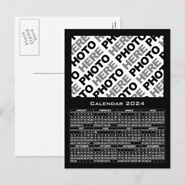 2024 Calendar Add Photo Black Postcard (Front/Back)