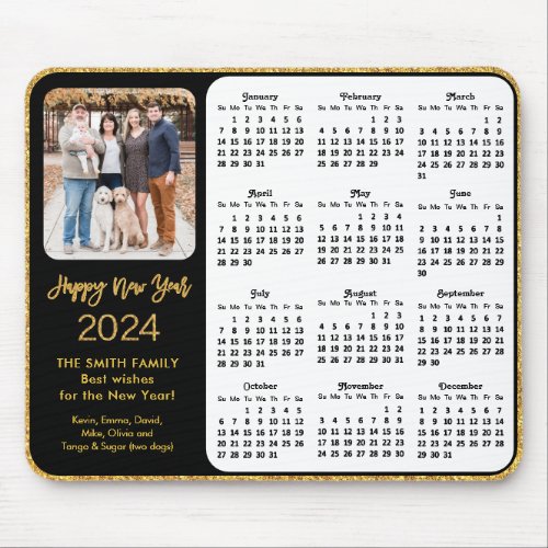 2024 Calendar Black Gold Glitter Family Photo Mouse Pad