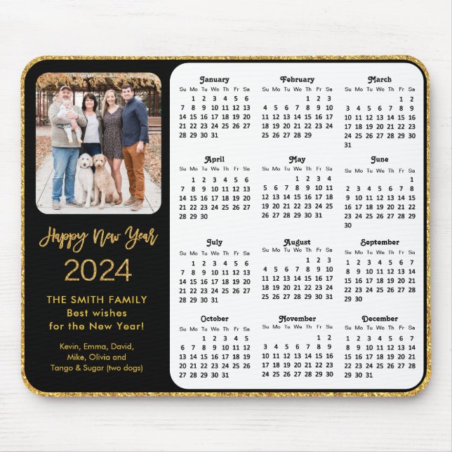 2024 Calendar Black Gold Glitter Family Photo Mouse Pad (Front)