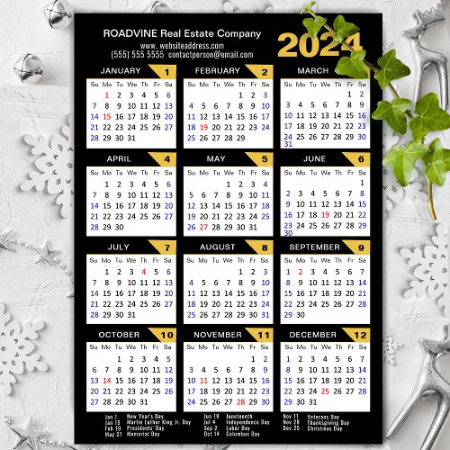 2024 Calendar Black Gold Modern Business Magnetic