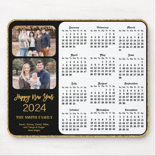 2024 Calendar Black Gold Script 2 Family Photo  Mouse Pad