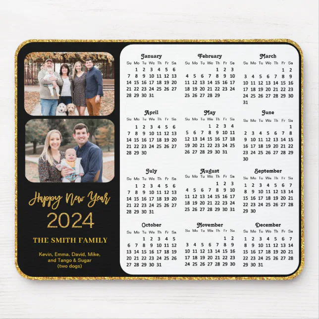 2024 Calendar Black Gold Script 2 Family Photo Mouse Pad | Zazzle