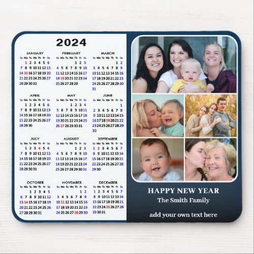 2024 Calendar Blue Family Photo Collage US Holiday Mouse Pad