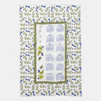 2024 Calendar Blueberries Stemmed Leaves, white Kitchen Towel