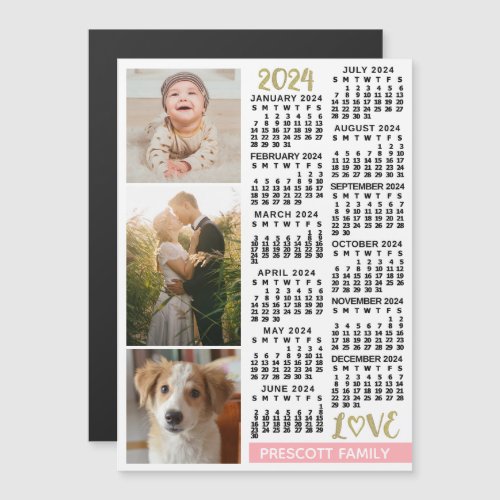 2024 Calendar Blush Pink Gold Custom Family Photos Magnetic Invitation