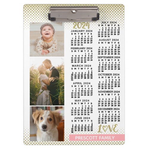 2024 Calendar Blush Pink Gold Family Photo Collage Clipboard
