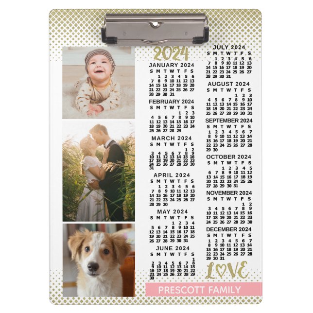 2024 Calendar Blush Pink Gold Family Photo Collage Clipboard (Front)