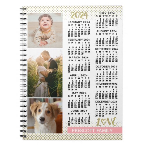 2024 Calendar Blush Pink Gold Family Photo Collage Notebook