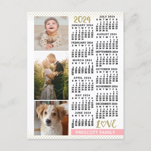 2024 Calendar Blush Pink Gold Family Photo Collage Postcard