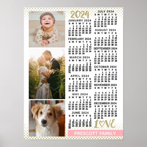 2024 Calendar Blush Pink Gold Family Photo Collage Poster