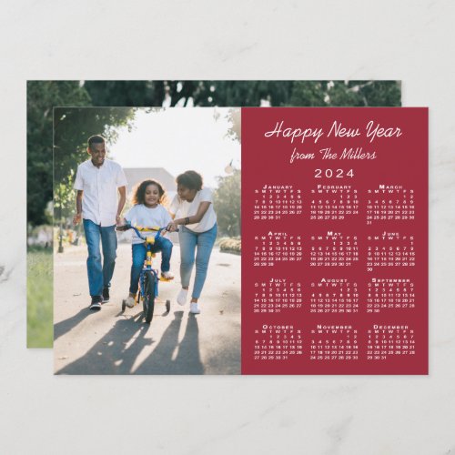 2024 Calendar Burgundy 2 Photo Happy New Year Holiday Card