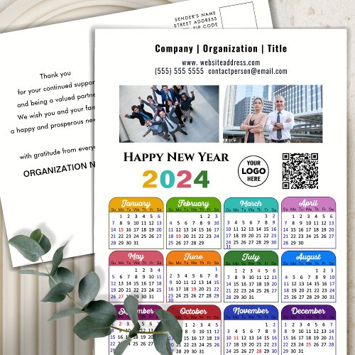 2024 Calendar Business 2 Photo Logo QR Code Color Holiday Postcard
