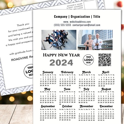 2024 Calendar Business 2 Photo Logo QR Minimalist Holiday Postcard