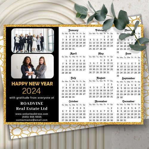 2024 Calendar Business 2 Photo Modern Black Gold Holiday Card