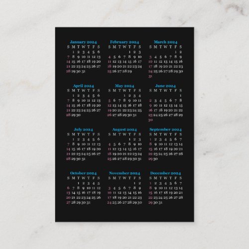 2024 Calendar Business Card Black SUNDAY Vertical
