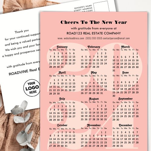 2024 Calendar Business Elegant Pink Minimalist Holiday Postcard