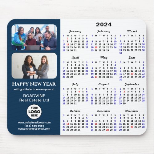 2024 Calendar Business Logo 2 Photo Modern Blue Mouse Pad
