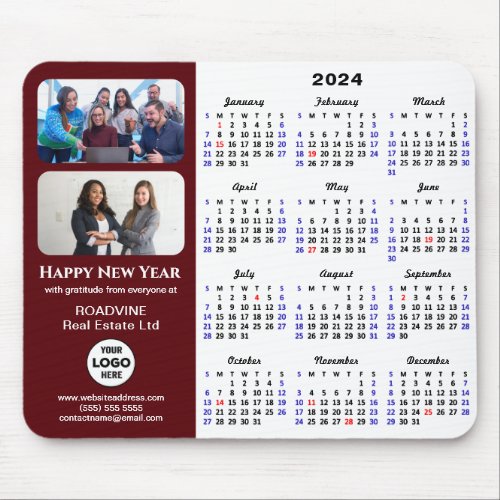 2024 Calendar Business Logo 2 Photo Modern Red Mouse Pad