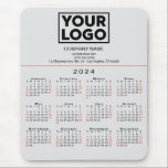 2024 Calendar Business Logo and Text on Grey Mouse Pad<br><div class="desc">Simple professional calendar mouse pad features your logo, company name, and business contact information over a modern 2024 calendar with black weekdays and red weekend dates on a neutral grey background. Add your logo, company name, and custom text (website, phone number, address, or slogan) in the sidebar. Your logo can...</div>
