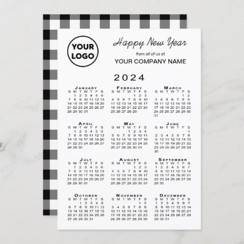 2024 Calendar Business Logo Black White Gingham Holiday Card