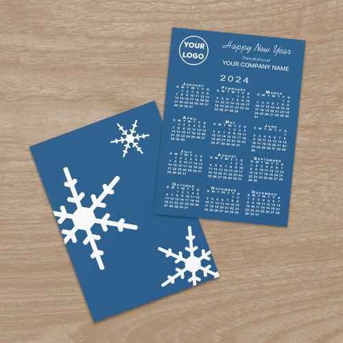 2024 Calendar Business Logo Blue Snowflake Holiday Card