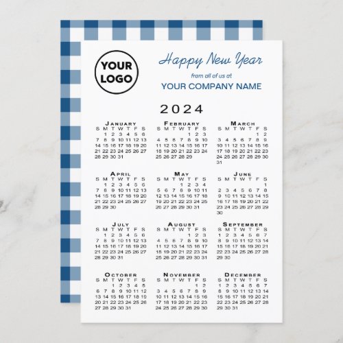 2024 Calendar Business Logo Blue White Gingham Holiday Card
