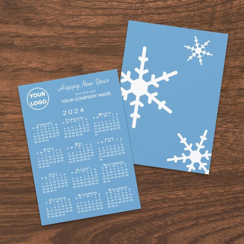 2024 Calendar Business Logo Light Blue Snowflake Holiday Card