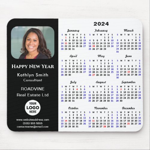 2024 Calendar Business Logo Photo Modern Black Mouse Pad