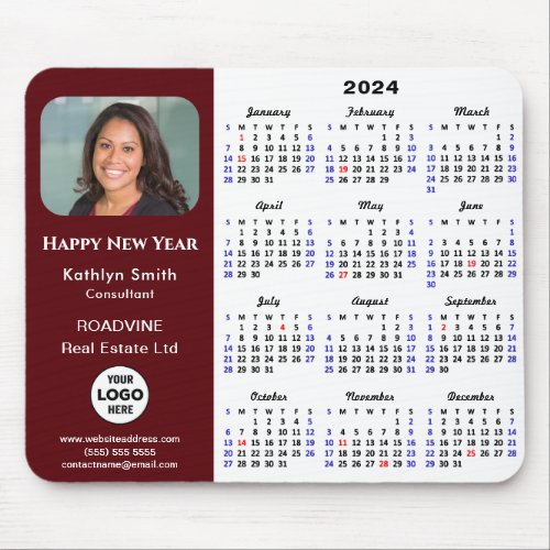 2024 Calendar Business Logo Photo Modern Red Mouse Pad