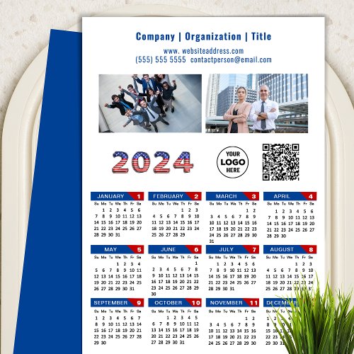 2024 Calendar Business Logo US Patriotic Blue Red Holiday Card