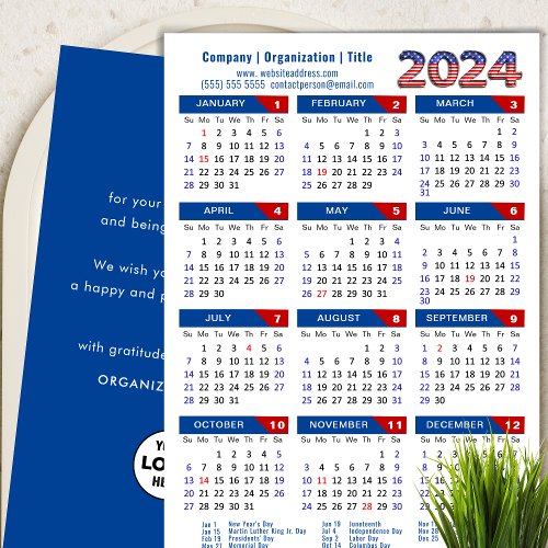 2024 Calendar Business Logo US Patriotic Blue Red Holiday Card