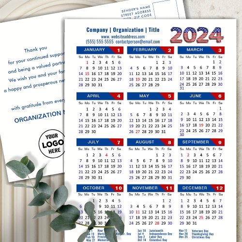 2024 Calendar Business Logo US Patriotic Blue Red Holiday Postcard