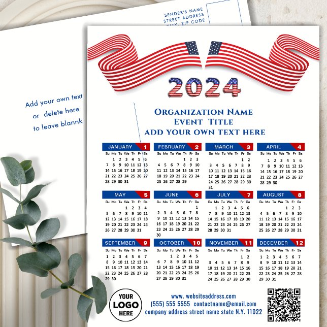 2024 Calendar Business Logo US Patriotic Blue Red Holiday Postcard (Creator Uploaded)