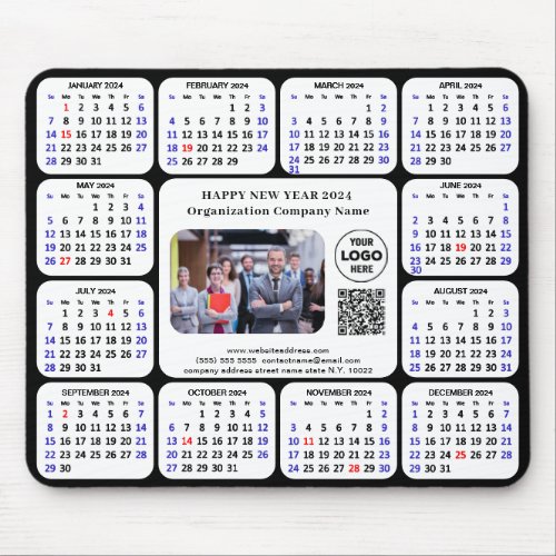 2024 Calendar Business Photo Logo QR Modern Black Mouse Pad