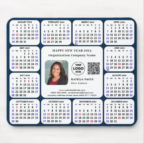 2024 Calendar Business Photo Logo QR Modern Blue Mouse Pad