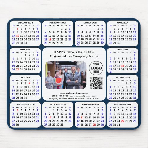 2024 Calendar Business Photo Logo QR Modern Blue Mouse Pad