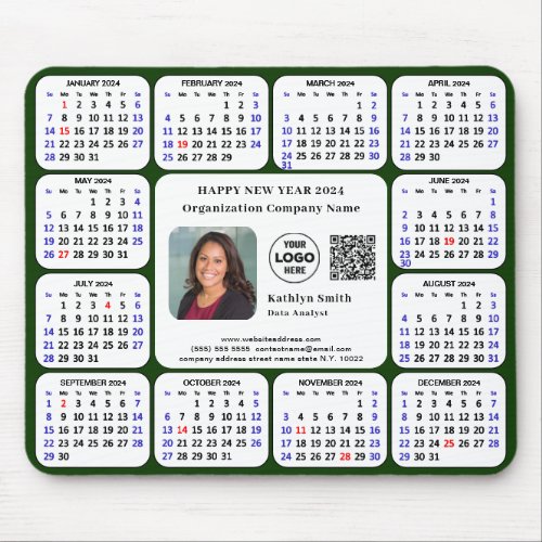 2024 Calendar Business Photo Logo QR Modern Green Mouse Pad