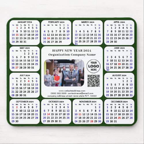 2024 Calendar Business Photo Logo QR Modern Green Mouse Pad