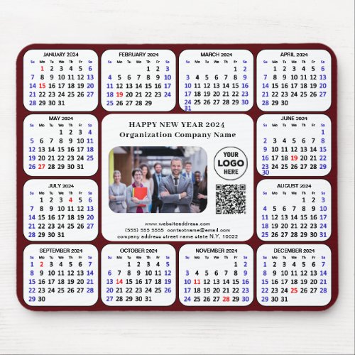 2024 Calendar Business Photo Logo QR Modern Red Mouse Pad