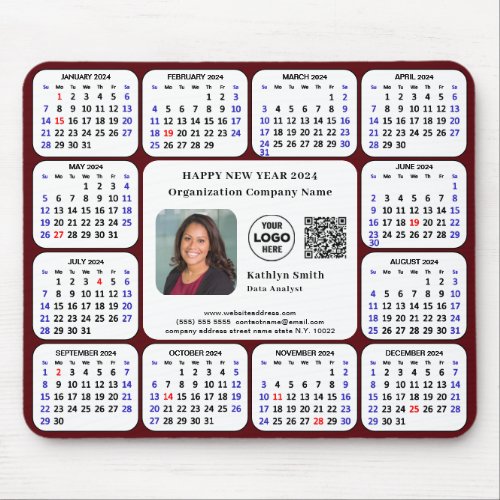 2024 Calendar Business Photo Logo QR Modern Red Mouse Pad